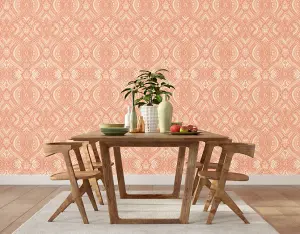 Hoopla Walls Orange Ogee Damask Smooth Matt Wallpaper