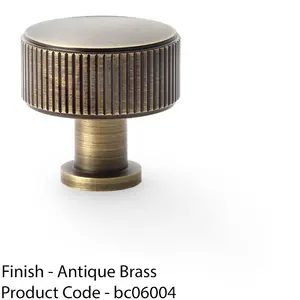 Round Reeded Door Knob - 35mm Diameter Antique Brass Lined Cupboard Pull Handle