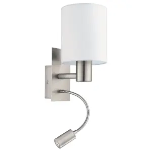 EGLO Pasteri White/Satin Nickel Metal & Fabric Wall Light - Integrated LED Reading Light (D) 15cm