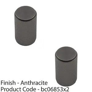 2 PACK - Knurled Cylindrical Cupboard Door Knob 18mm Dia Anthracite Grey Cabinet Handle