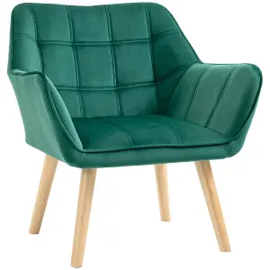 HOMCOM Velvet-Feel Accent Chair w/ Wide Arms Slanted Back Wood Legs Green