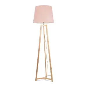 ValueLights Lottie Natural Wood Tripod Floor Lamp with Pink Tapered Shade - LED Bulb Included