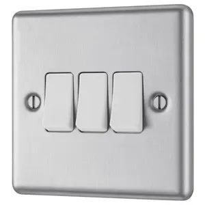 GoodHome Brushed Steel 20A 2 way 3 gang Light Switch