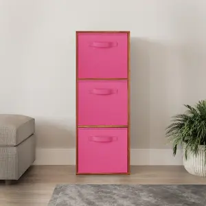 URBNLIVING 80cm Height 3 Cube Teak Wooden Shelves Cubes Cupboard Storage Units With Dark Pink Drawer Insert