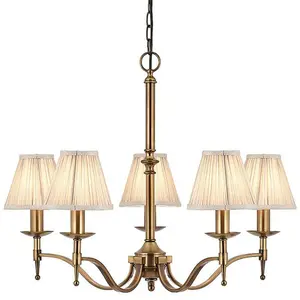 Avery Ceiling Pendant Chandelier Light 5 Lamp Antique Brass & Beige Pleat Shade