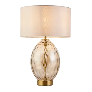 Luminosa Barletta Base & Shade Table Lamp, Champagne Lustre Glass, Satin Brass Plate With Vintage White Fabric