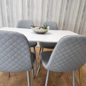 Wooden Dining Table with 4 Grey Gem Patterned Chairs White Table with Grey Chairs