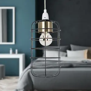 First Choice Lighting Cage Black and Antique Brass Industrial Style Easy Fit Pendant Shade