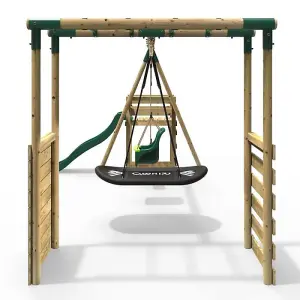 Rebo Wooden Children's Swing Set with Monkey Bars plus Deck & 6ft Slide - Triple Swing - Halley Green