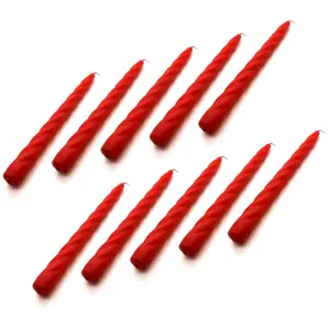 Tapered Dinner Candles, Table Spiral Candles, Pack of 10, Decorative Household Candles, Up to 7 Hours, 23 cm / 9" (Red)