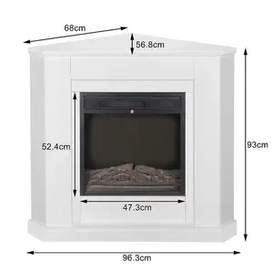 Modern White Corner Electric Fireplace with Remote Control, Triangle LED Log Fire, and Stylish Mantle