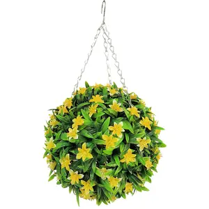 Best Artificial 28cm Yellow Lily Hanging Basket Flower Topiary Ball - Suitable for Outdoor Use - Weather & Fade Resistant