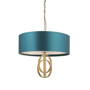 Luminosa Trento 3 Light Ceiling Pendant Antique Gold Leaf & Teal Satin Fabric