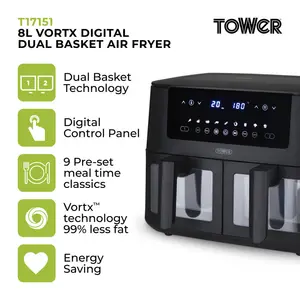 Tower Vortx Dual Basket Air Fryer with Vizion Viewing Windows, 9 Preset Functions, 8L, 3040W