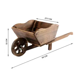 GARDEN MODERN WOODEN WHEEL BARROW PLANTER BURNT WOOD FLOWER CART ORNAMENTAL POT