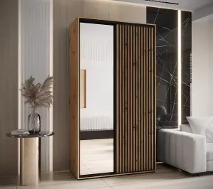 Sapporo II Modern Oak Artisan Mirrored Sliding Door Wardrobe -  Space-Saving Storage Solution (H)2050mm (W)1300mm (D)600mm