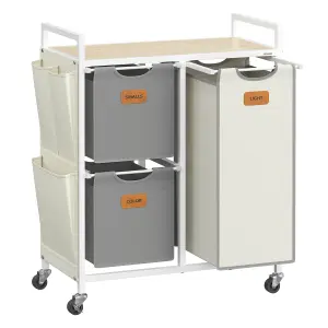 VASAGLE Laundry Hamper with 3 Compartments, 100 L Laundry Sorter, Rolling Laundry Cart with Shelves, Dove Grey and Cream White