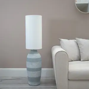 ValueLights Deegan Grey Cement Effect Ceramic Midi Floor Lamp with Natural Cream Cylinder Shade