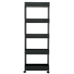 5 Tiers Black Plastic Slim Kitchen Shelf Bathroom Storage Rack Trolley Cart