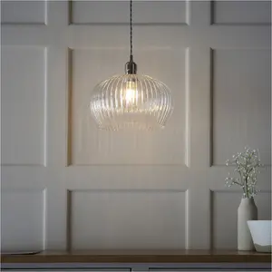 Hanging Ceiling Pendant Light - Bright Nickel Plate & Clear Ribbed Dome Glass - 10W LED E27