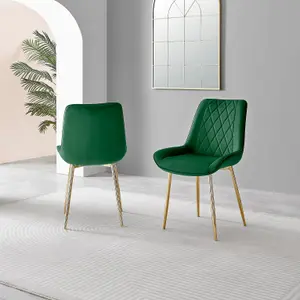 Furniturebox UK Novara 100cm Round Gold Leg Dining Table & 2 Green Pesaro Gold Leg Chairs