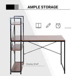 HOMCOM Computer Desk Laptop Table w/4-tier Bookshelf Metal Frame Walnut, Black