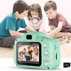 Green Kids Mini Selfie Video Camera With 32GB SD Card Safe Durable Shockproof with Non-toxic Plastic Material