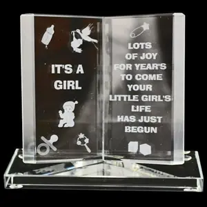 Engraved Glass Crystal Book Gift Set Poetic Inscribed Writing Ornament Message Its A Girl