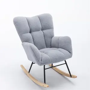 Mid Century Modern Teddy Fabric Tufted Upholstered Rocking Chair Padded Seat For Living Room Bedroom, Light Grey