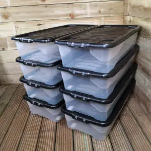 8 x 42L Clear Under Bed Storage Box with Black Lid, Stackable and Nestable Design Storage Solution