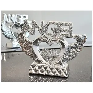 Silver Crushed Diamond Angel Heart With Wings Ornament