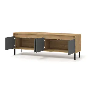 Sleek Oak Golden & Basalt TV Cabinet with Push-To-Open Doors W166cm H56cm D40cm for Modern Entertainment Spaces