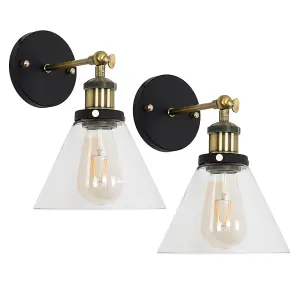 ValueLights Norton Pair of Industrial Black and Gold Wall Light Fittings with Clear Glass Light Shades