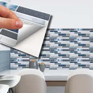 Walplus Purity Stone Blue And Grey Mosaic Wall 2D Tile Stickers 11.2 x 5.5 inches / 28.5 x 14 cm (12Pcs)