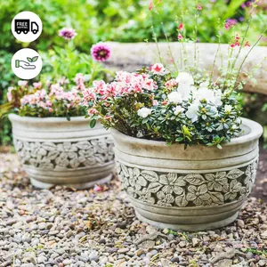 PAIR Stone Cast Flower Daisy Design Garden Planter Pot