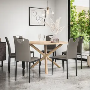 Malvern Round Dining Table And Chairs -  Oak Table Top w Solid Oak Legs + Monza Faux Leather Dining Chair Set Of 6 (Grey)