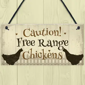 Red Ocean Caution Free Range Chickens Garden Signs Funny Novelty Hanging Sign Chicken Hen Sign