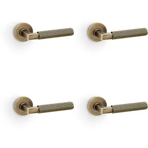 4 PACK - SOLID BRASS Reeded Door Handle Set - Antique Brass Angled Lever on Round Rose