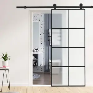 8 Panels Frosted Glass Interior Glazed Door Sliding Barn Door 90cm W x 205cm H with 1.83m Sliding Kit