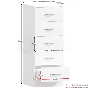 Vida Designs Riano White 5 Drawer Narrow Chest (H)900mm (W)345mm (D)360mm