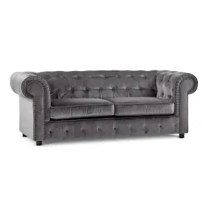 Ashbourne Chesterfield Large Grey Velvet Fabric 3 Seater Sofa Studded Design