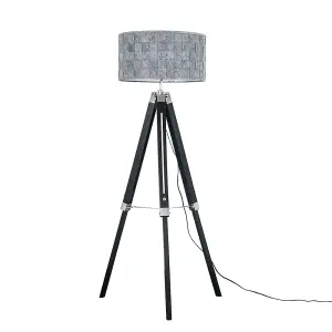 ValueLights Clipper Black Wood and Silver Chrome Tripod Floor Lamp with Grey Felt Weave Design Light Shade with LED GLS Bulb