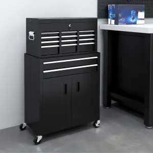 HOMCOM Top Chest and Roller Cabinet Combo Metal Tool Cabinet on Wheels Black