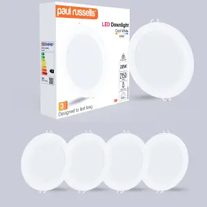 paul russells LED Round Panel Ceiling Lights, 20W 2150 Lumens, Spotlights, IP20, 4000K Cool White, Pack of 4