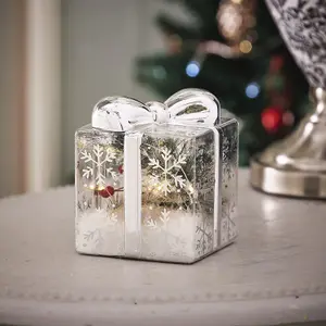 Decorative Present LED Decoration - Clear Festive Christmas Light Up Gift Box Ornament with Silver Ribbon & Bow - 10 x 12 x 12cm