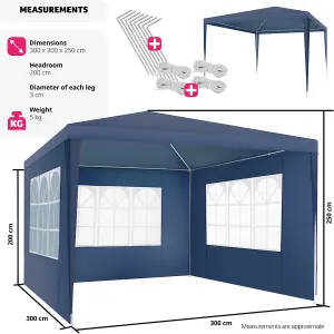 Gazebo Baraban - 3 x 3 m, with 3 side panels, weather & UV-resistant, guy ropes incl. - blue