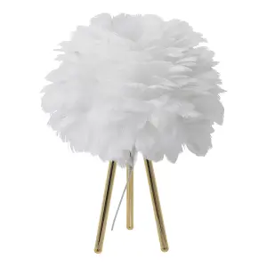 White Chic LED Feather Bedroom Bedside Table Lamp with Gold Tripod Legs 30cm x 45cm