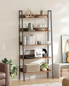 VASAGLE Ladder Rack, Storage Shelf, 5-Tier Compact Shelf, Bookcase, Industrial, Rustic Brown and Ink Black