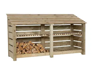 Slatted wooden log store with kindling shelf W-227cm, H-126cm, D-88cm - natural (light green) finish