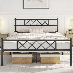 Yaheetech Black 5ft King Metal Bed Frame with Cross-design Headboard & Footboard